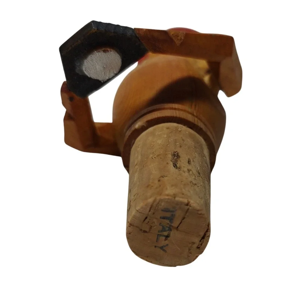 Vintage Wooden Wine Bottle Topper Hand Carved Painted Made In Italy‎ Back Lever